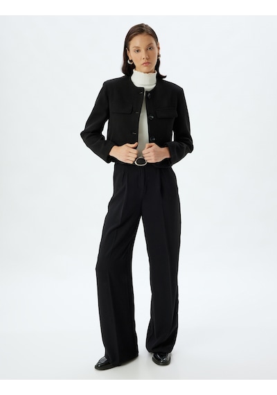 Koton Crop Ceket Yuvarlak Yaka Düğmeli Kalın Örme Slim Fit Siyah 5wak20213ew Siyah