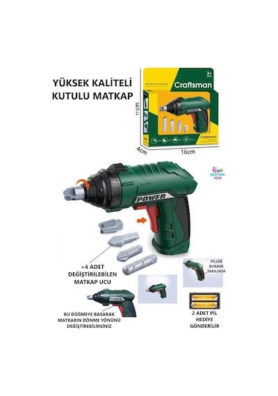 Oyuncak Pilli Kaliteli Matkap Tamir Seti Yeşil Renk 17 Cm.