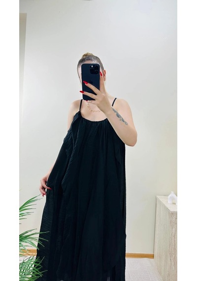 Elora Atelier Büzgülü Askılı Siyah Maxi Boy Elbise Çok Renkli