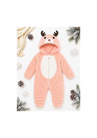 Tatlı Geyik Desenli Welsoft Bebek Tulumu Kapüşonlu Peluş Fermuarlı Kışlık Unisex Bebek Tulumu Somon