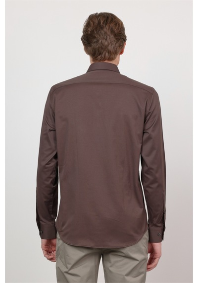 İmza Kahverengi Sert Yaka Uzun Kol Cepsiz Slim Fit Pamuklu Gömlek 1004260213