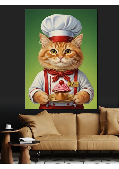 Karizma Tablo Aşçı Şapkalı Kedi Şef Dekoratif Kanvas - Mdf Ahşap Tablo