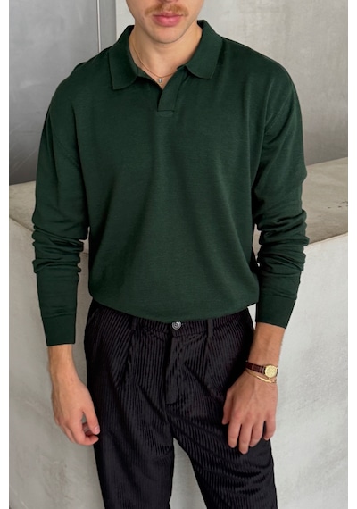 Erkek Pamuklu Polo Yaka Oversize Triko Kazak Yeşil