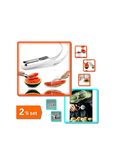 Karpuz Kavun Dilimleme Bıçağı + Pratik Paslanmaz Çelik Pudra Şekeri Eleği Süzgeç - 2li Set R1a7s9 Çe Diğer