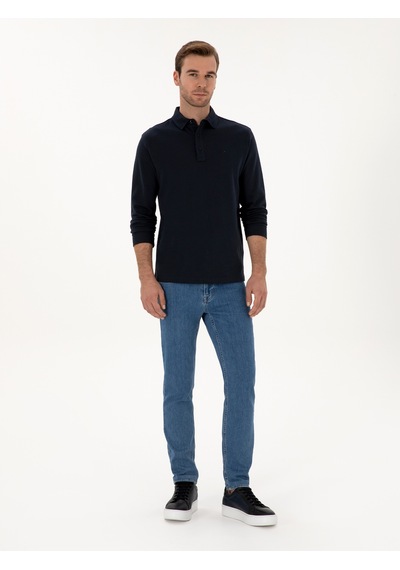 Lacivert Regular Fit %100 Pamuk 3 İplik Polo Yaka Sweatshirt