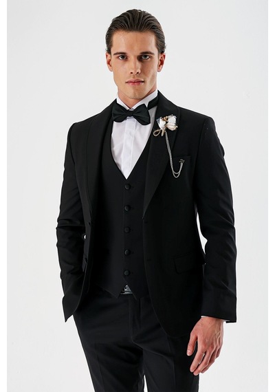 İmza Siyah Çıkarılabilir Şal Yaka Yelekli Likralı 6 Drop Slim Fit Smokin Damatlık 1001240202-Siyah İmza Siyah Çıkarılabilir Şal Yaka Yelekli Likralı 6 Drop Slim Fit Smokin Damatlık 1001240202-Siyah