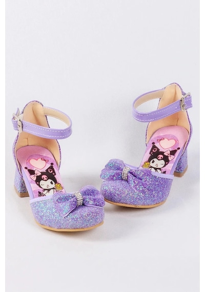 Nese Shoes Kız Çocuk Topuklu Ayakkabı, Karakter Baskılı Simli Fiyonklu Abiye Mor