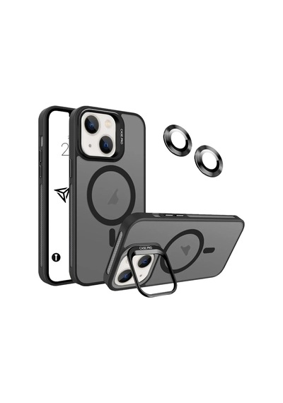 iPhone Uyumlu 13 / 14 Kamera Korumalı Stantlı Magsafe Destekli Mat Lens Koruyucu Telefon Kılıfı Black