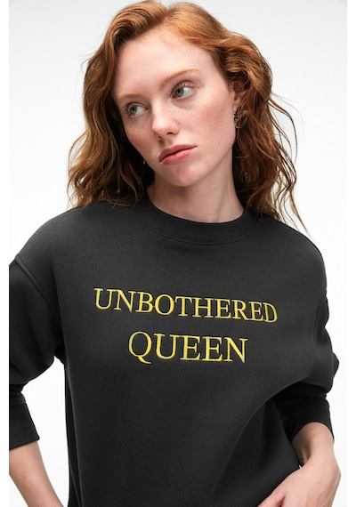 Grımelange ISOLUNE Kadın Yaka Nakış Detaylı Oversize Bisiklet Yaka Antrasit Sweatshirt