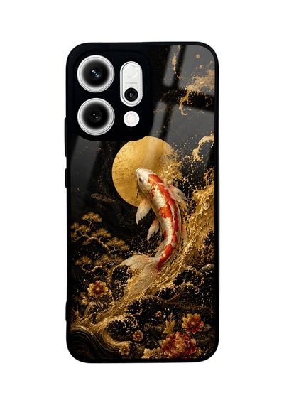 Oppo Reno 14 Golden Koi Elegance Tasarımlı Glossy Telefon Kılıfı Siyah