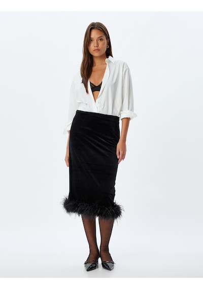Koton Abiye Etek Midi Kadife Tüy Detaylı Slim Fit Siyah 5wak70006fk Siyah