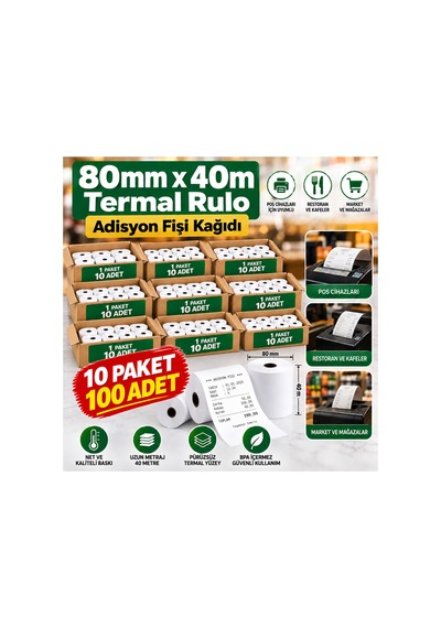 80x40 Adisyon Fişi Adisyon Kağıdı Yazıcı Rulosu Termal Rulo 10 Paket 100 Adet