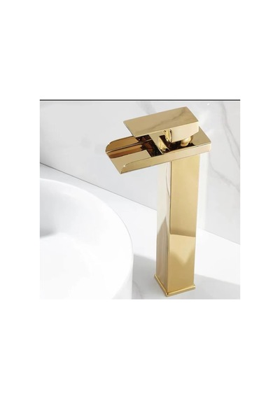 Rena Design Mat Gold Köşeli Gövde Çanak Lavabo Bataryası Havza Model Uzun Altın Lavabo Musluğu Çift Girişarmatür Mat Altın Gold
