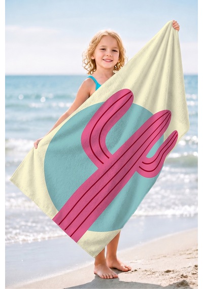 Kaktüs Temalı Modern Plaj Havlusu-bohem Pastel Sarı Pembe Havuz Deniz Hızlı Kuruyan Mikrofiber Havlu Keten Şafak