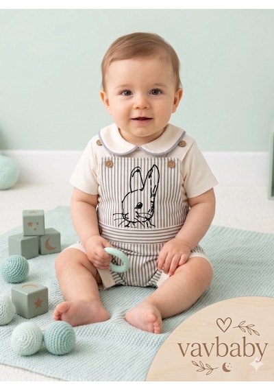 Erkek Çocuk Çizgili Tavşan Figürlü Bebe Yaka Erkek Bebek Salopet Tulum Bej