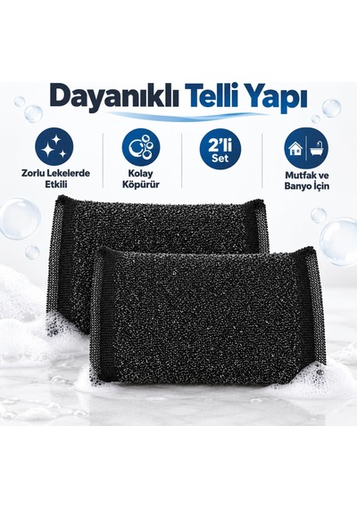 Telli Bulaşık Süngeri 2 Adet, Zorlu Lekeler İçin Köpüren Sünger