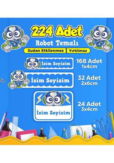 Robot Temalı Okul Kreş Kişiye Özel İsim Etiket Seti - Model 433 Çok Renkli