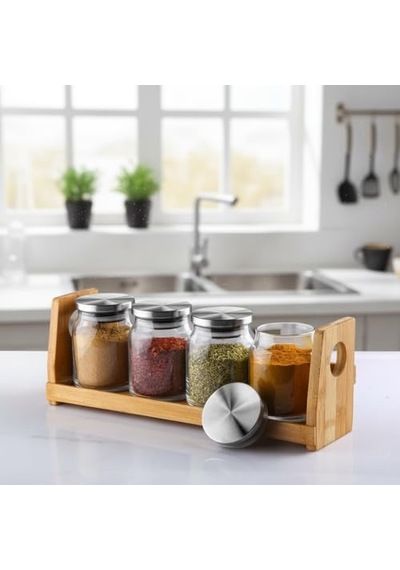 5 Parça Paslanmaz Çelik Kapaklı Cam Baharatlık Seti - Ahşap Standlı Tezgah Üstü Şeffaf Baharat Takımı Ve Mutf Diğer