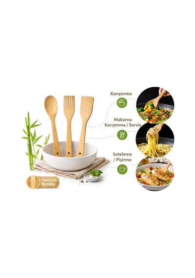 Bambu Mutfak Seti, Kaşık, Çatal, Spatula, Doğal Ahşap, Çizmez, Tava Dostu, 3 Parça,bambu Mutfak Gereçleri Set