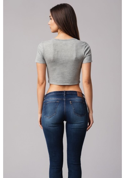 Squitee Gri Melanj Bisiklet Yaka Crop Top - Beden: L
