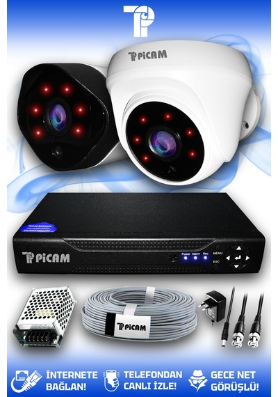 Picam 2 Kameralı Uzay 1 İç Kamera Set HDD'siz Full HD Gece Görüşlü Güvenlik Kamerası Sistemi