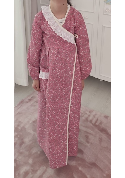 Kız Çocuk Pembe Ve Mavi Renkli Çiçekli Namaz Elbisesi Yüzde Yüz Pamuklu Poplin Kumaş 3-14 Yaş Pembe