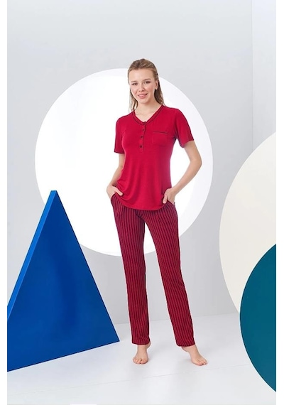 Pjs 24157 Kadın Çizgili Patlı Kısa Kol Pijama Takım 001