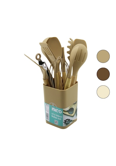 11pcs+kova Silikon Mutfak Seti Bambu Sap 3-kaşık- 3-spatula- 1-kevgir- 1-kepçe- 1-maşa- 1-çrpc- 1-frç 5492 Çr