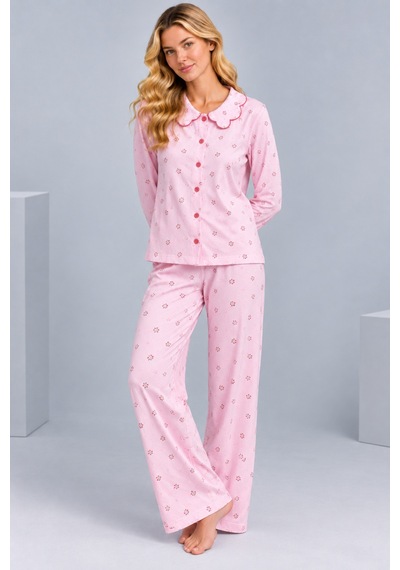 Pijamask Kadın Çiçek Desenli Bebe Yaka Düğmeli Uzun Kollu Müslin Pijama Takımı Pembe
