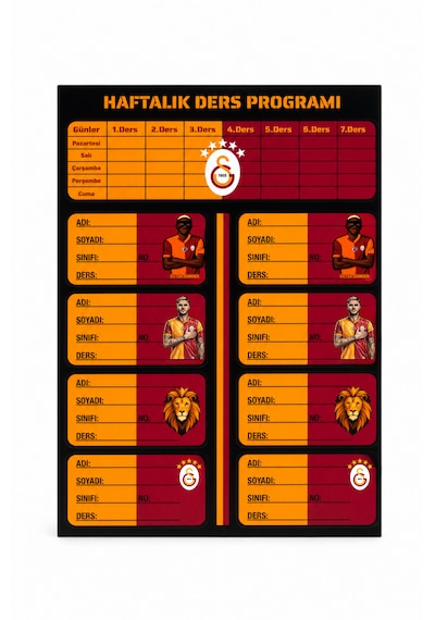 Galatasaray Lisanslı Haftalık Ders Programı Ve Okul Etiketi Seti - 12'li Taraftar Okul Seti Sarı - Kırmızı