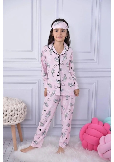 Lillypicca Kız Çocuk Desenli Pamuklu Önden Düğmeli Göz Bantlı Uzun Kol Pijama Takımı 9027 Somon