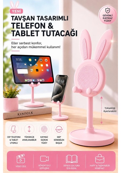 Tavşan Kulplu Makyaj Organizeri & Tavşan Figürlü Telefon Tablet Standı İkili Set Pembe Pembe