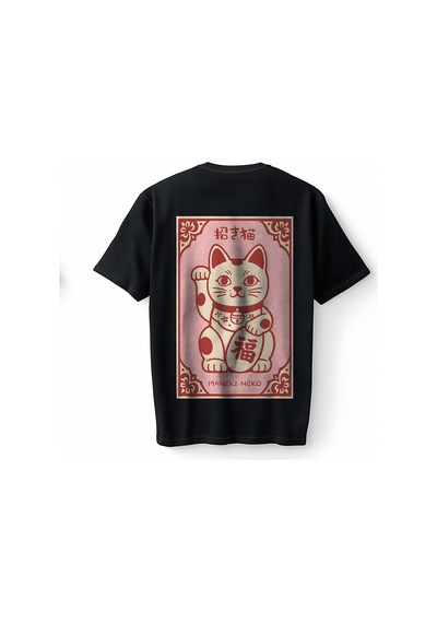 Bumeta Maneki Neko Şans Kedisi Baskılı Japon Tarzı Lucky Cat Graphic Streetwear Oversize Unisex Tişört T-shirt Siyah