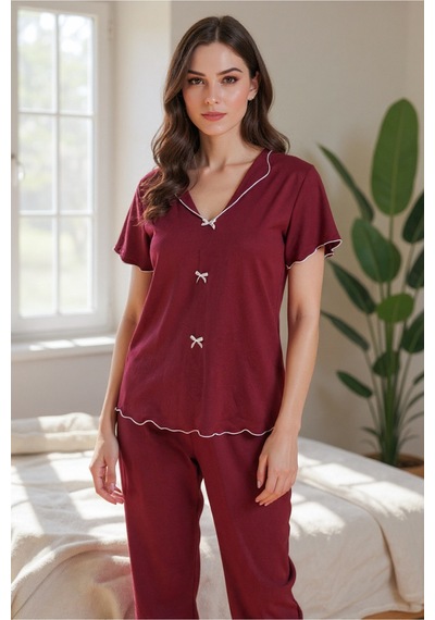 Bella Notte Pamuklu Bordo V Yaka Yazlık Pijama Takımı