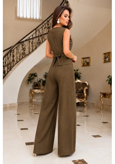Veraura Lifestyle Kadın Askılı Önden Düğmeli Bluz Ve Pantolon Keten Ikili Takım Kahverengi