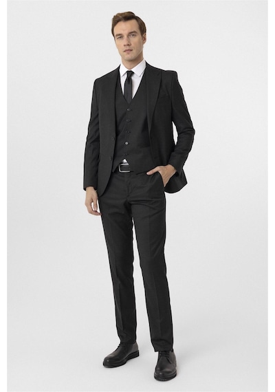Süvari Siyah Slim Fit Armürlü Sivri Yaka 6 Drop Yelekli Klasik Takım Elbise-35629 Siyah