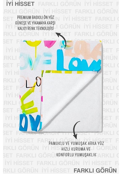 Love Yazı Temalı Renkli Plaj Havlusu - Modern Pop Art Beyaz Zemin Hızlı Kuruyan Mikrofiber Havlu Donuk Kıyısı