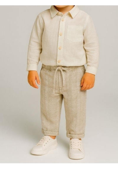 Nanica Kids Erkek Çocuk Beli Lastikli Desenli Yumuşak Dokulu Pantolon-15721 Bej