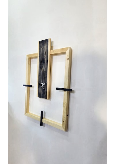Modern Rustik Geometrik Tasarım El Yapımı Ahşap Duvar Saati - Özel Tasarım Dekoratif Saat Bej - Siyah
