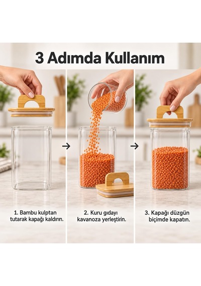 Bambu Kapaklı Kare Borosilikat Cam Kavanoz 1100 Ml, 10 15 Cm, Contalı Tutma Kulplu Şeffaf Erzak Kabı, Kahve Bakliyat Kuruyemiş Ve Kuru Gıda Saklama Kavanozu Çok Renkli