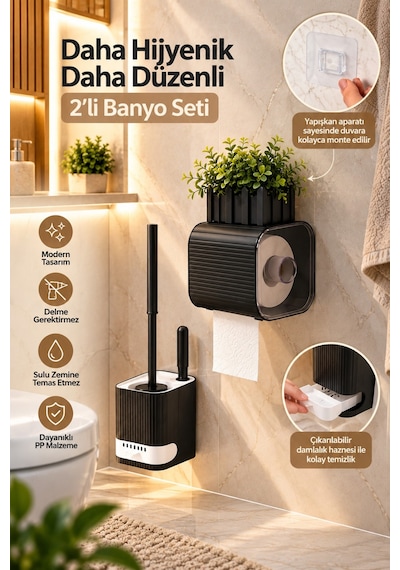 Porsima 2li Banyo Seti Yapışkanlı Banyo Tuvalet Kağıtlığı Tuvalet Fırçası Peçetelik Tuvalet Fırçalığı Siyah