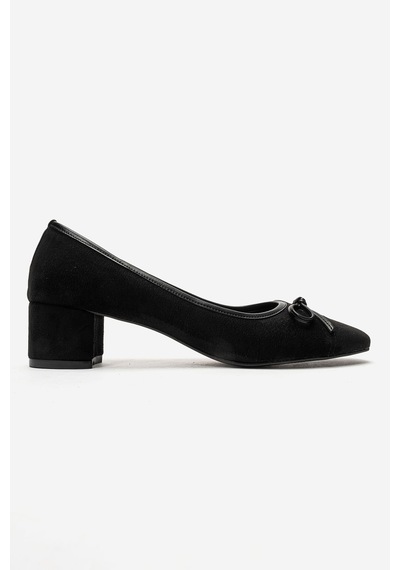 Luvi Shoes Leslıe Siyah Süet Fiyonklu Kadın Kalın Topuklu Ayakkabı