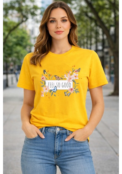 Herkesemoda Feels So Good Baskı Detaylı Basic T-shırt Sarı