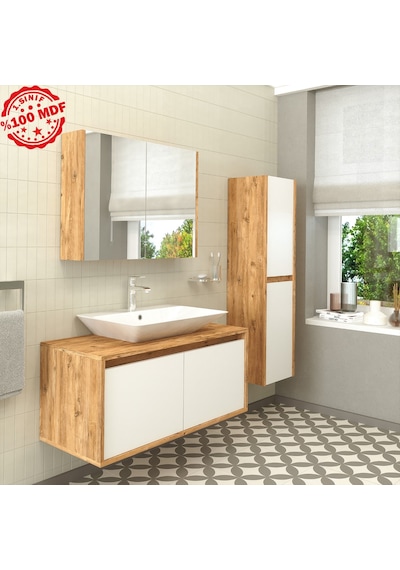 Banos Roomart Lavabolu Ahşap-Mat Beyaz 100Cm Banyo Dolabı+Aynalı Beyaz Banos Roomart Lavabolu Ahşap-Mat Beyaz 100Cm Banyo Dolabı+Aynalı Beyaz