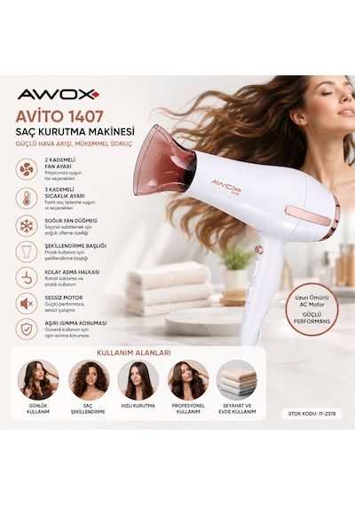 Awox 1407 Avito Saç Kurutma Makinesi 2200w Beyaz