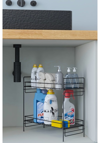 2 Katlı Evye Tezgah Altı Raf Banyo Mutfak Dolabı Çok Amaçlı Düzenleyici Deterjanlık Organizer 20x40 Siyah