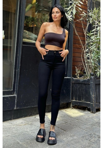 WeShaya Siyah Yüksek Bel Skinny Jean Pantolon Siyah