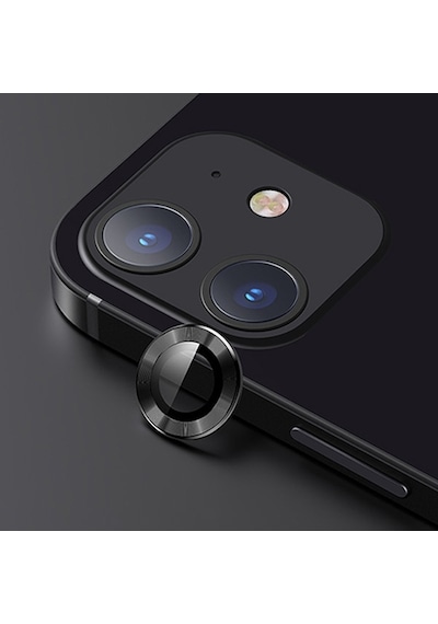 Usams Apple Uyumlu iPhone 12 - 12 Mini 3D Metal Çerçeveli Kamera Lens Koruyucu Siyah