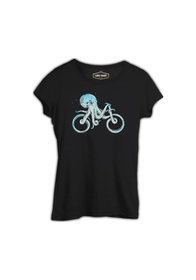 Hayvan - Ahtapot Bisiklet Siyah Kadın Tshirt