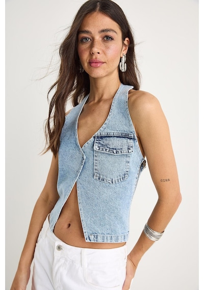 Shade Kadın Boyundan Askılı Dekolte Detaylı Denim Bluz 3433 60283271 - Buz Mavisi